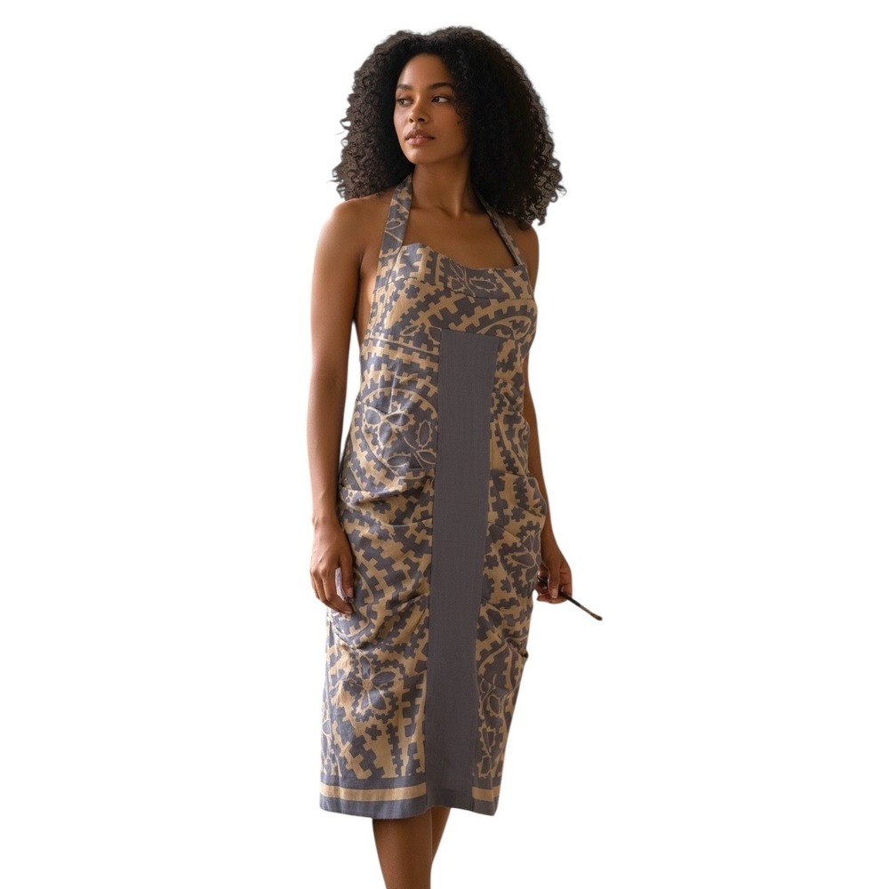 Nicole Miller Collection Silk Halter Dress‎ Blue Tan Geometric Ruched Midi 6